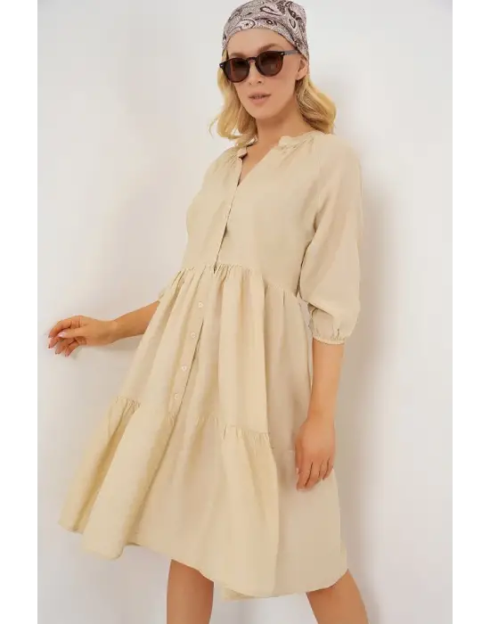 Düğmeli Kısa Kol Elbise 2559 - Krem