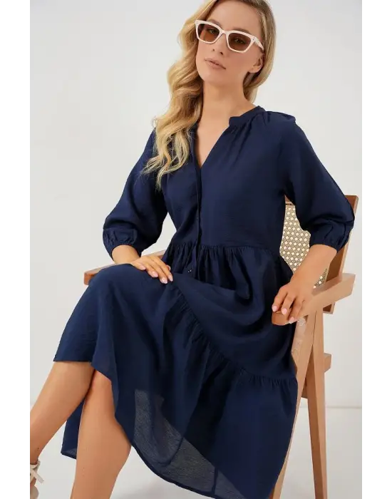 Düğmeli Kısa Kol Elbise 2559 - Lacivert