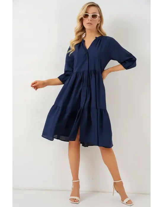 Düğmeli Kısa Kol Elbise 2559 - Lacivert
