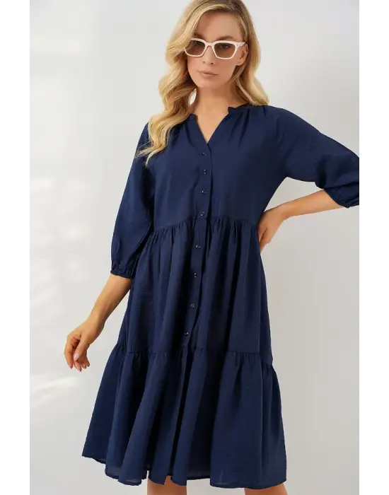 Düğmeli Kısa Kol Elbise 2559 - Lacivert