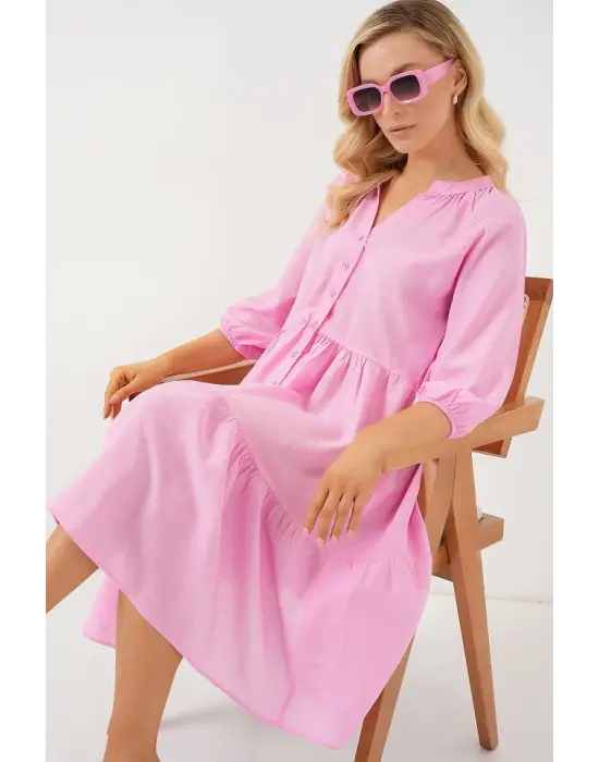 Düğmeli Kısa Kol Elbise 2559 - Pembe