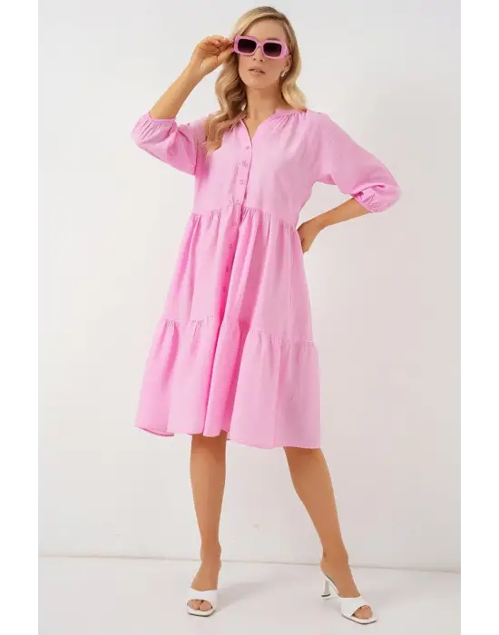 Düğmeli Kısa Kol Elbise 2559 - Pembe
