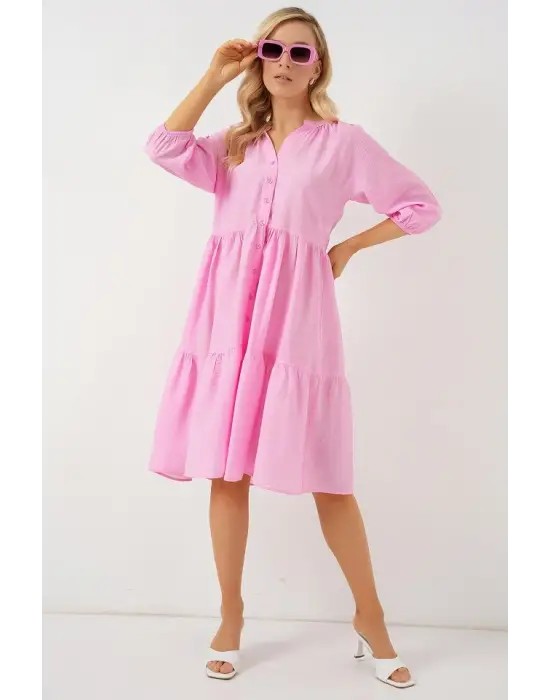 Düğmeli Kısa Kol Elbise 2559 - Pembe