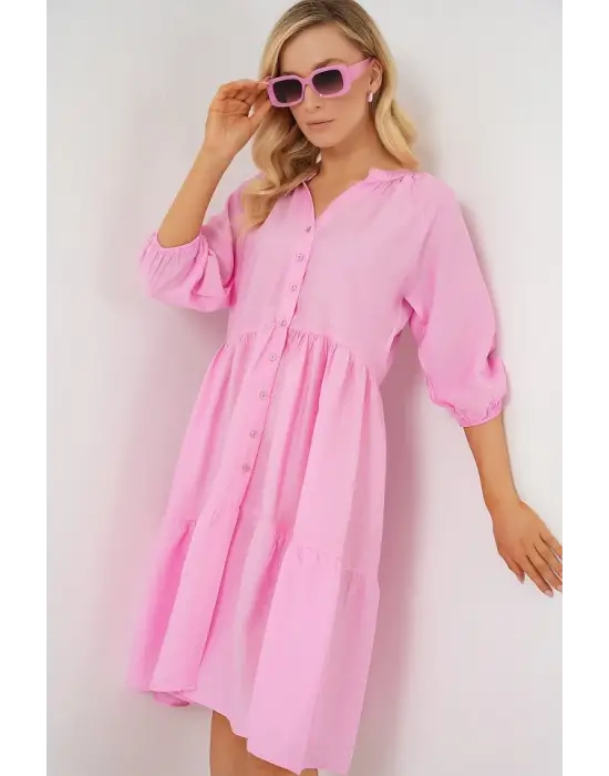Düğmeli Kısa Kol Elbise 2559 - Pembe