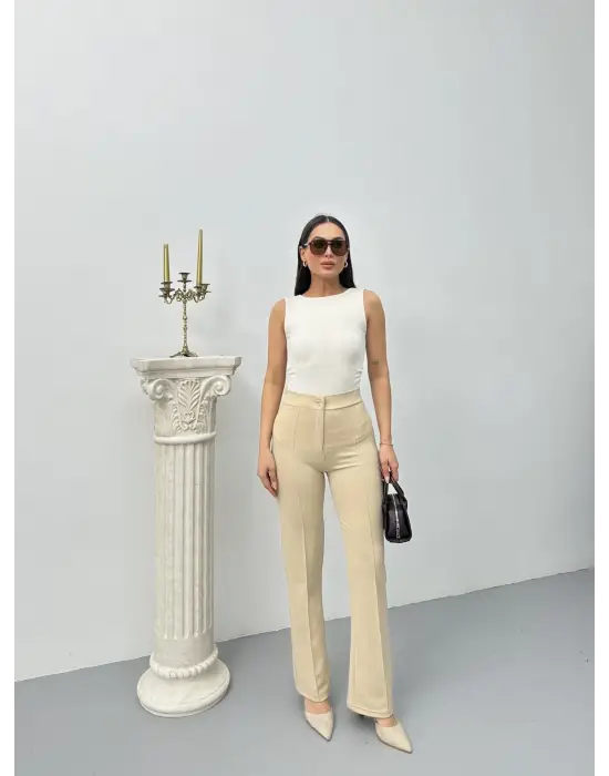 Düğmeli Palazzo pantolon bej p170091