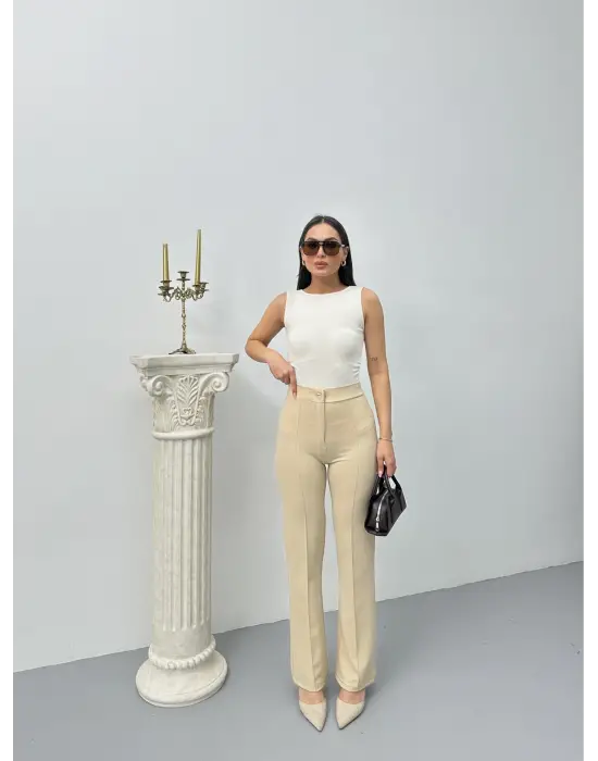 Düğmeli Palazzo pantolon bej p170091