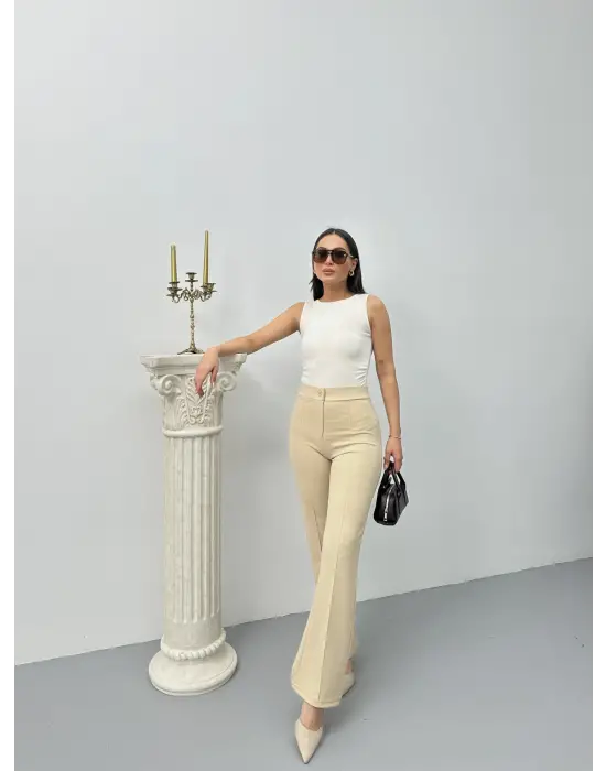 Düğmeli Palazzo pantolon bej p170091