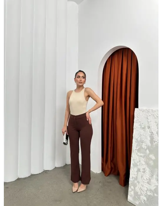 Düğmeli Palazzo pantolon kahve p170091