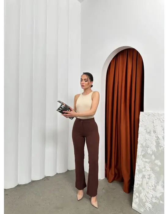 Düğmeli Palazzo pantolon kahve p170091