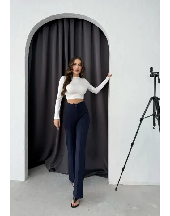 Düğmeli Palazzo pantolon lacivert p170091