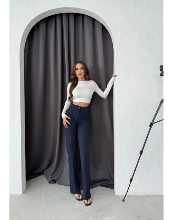 Düğmeli Palazzo pantolon lacivert p170091