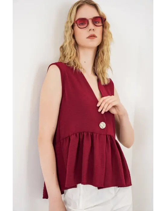 Düğmeli Sıfır Kol Bluz 994 - Bordo