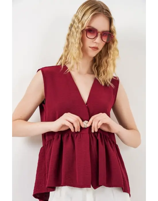 Düğmeli Sıfır Kol Bluz 994 - Bordo