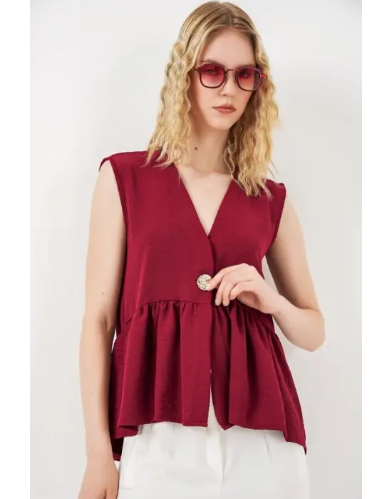 Düğmeli Sıfır Kol Bluz 994 - Bordo