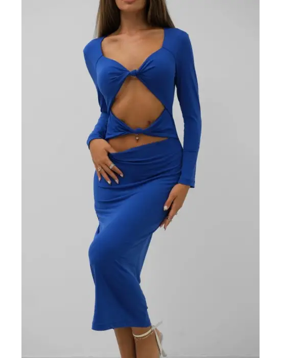 Omarı Zarif Düğüm Detaylı Midi Elbise