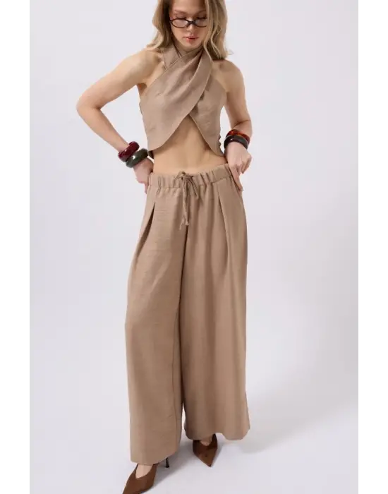 Düşük Bel Oversize Keten Pantolon