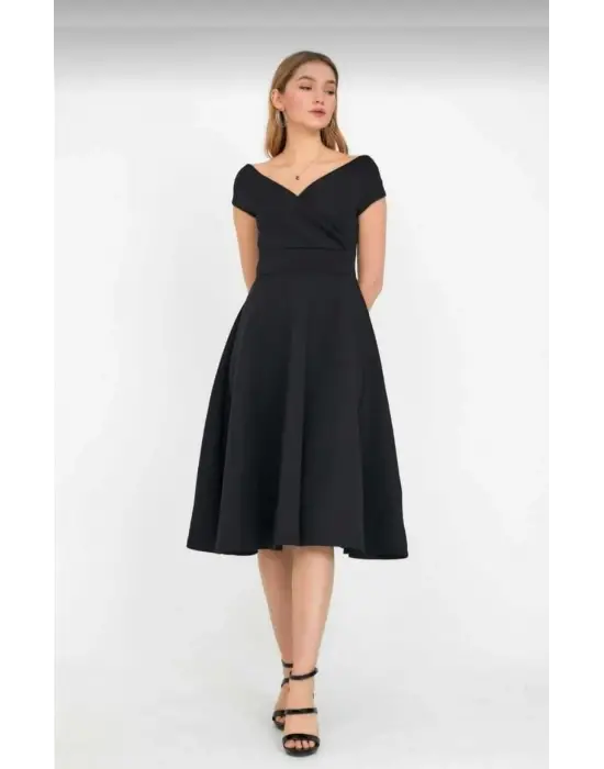 Düşük Omuz Eteği Pileli Krep Kumaş Midi Boy Elbise