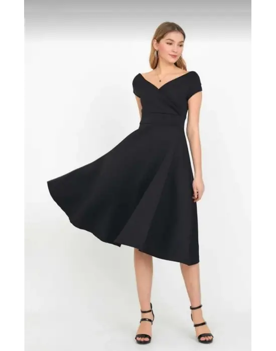 Düşük Omuz Eteği Pileli Krep Kumaş Midi Boy Elbise