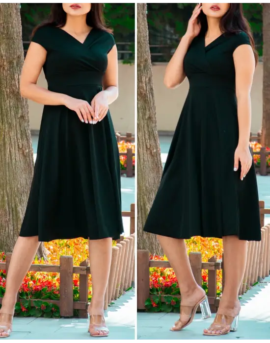 Düşük Omuz Eteği Pileli Krep Kumaş Midi Boy Elbise