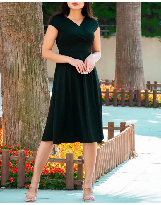 Düşük Omuz Eteği Pileli Krep Kumaş Midi Boy Elbise