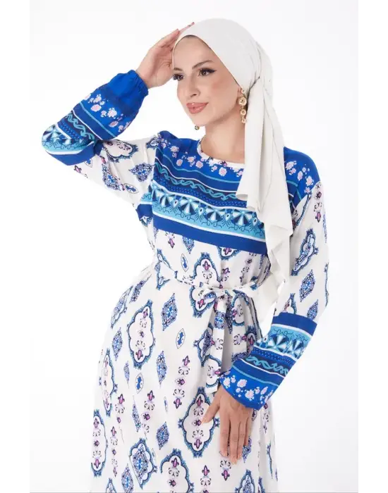 Omarı Mavi Etnik Desenli Elbise
