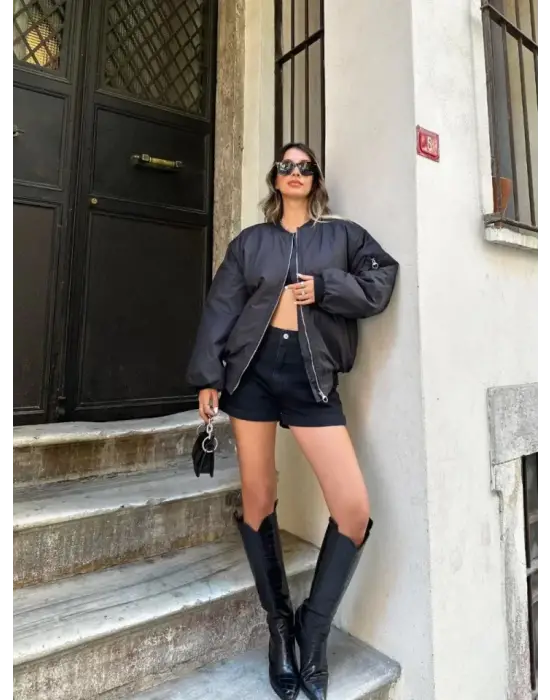 Düz Bomber Ceket - Siyah