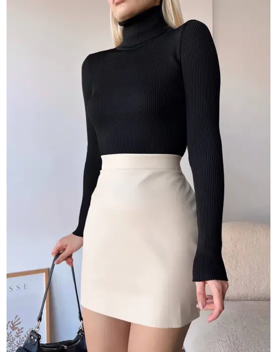 Düz deri etek bej h24468