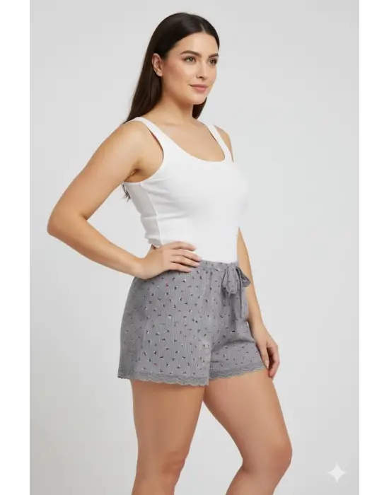 Düz Renk Mini Çiçek Desenli Penye Kadın Ev Şortu Bacak Dantel Detaylı Ev Giyim Gri