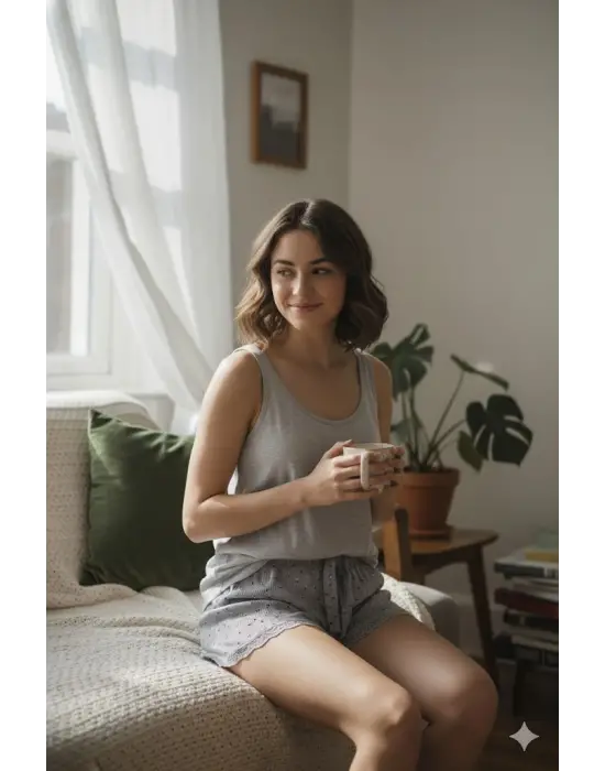 Düz Renk Mini Çiçek Desenli Penye Kadın Ev Şortu Bacak Dantel Detaylı Ev Giyim Gri