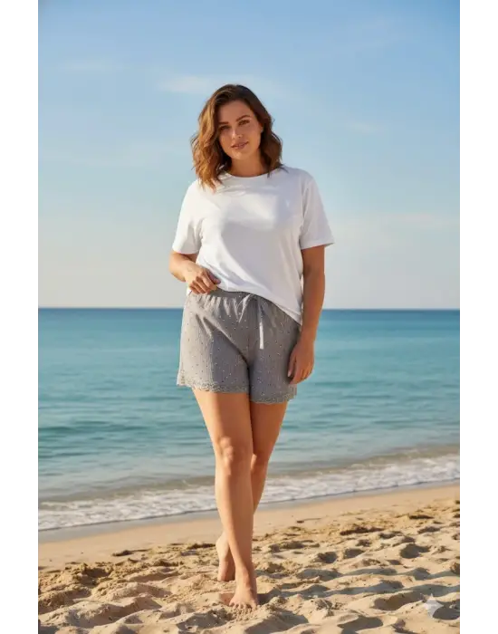 Düz Renk Mini Çiçek Desenli Penye Kadın Ev Şortu Bacak Dantel Detaylı Ev Giyim Gri