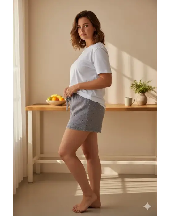 Düz Renk Mini Çiçek Desenli Penye Kadın Ev Şortu Bacak Dantel Detaylı Ev Giyim Gri