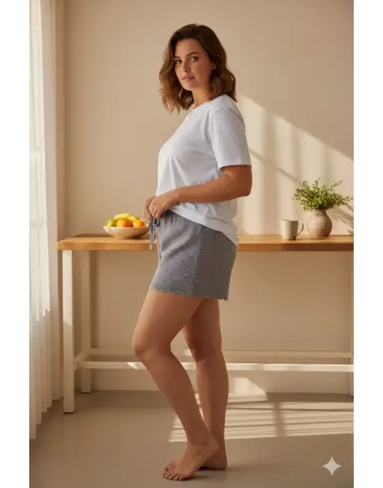 Düz Renk Mini Çiçek Desenli Penye Kadın Ev Şortu Bacak Dantel Detaylı Ev Giyim Gri