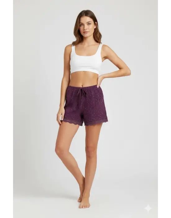 Düz Renk Mini Çiçek Desenli Penye Kadın Ev Şortu Bacak Dantel Detaylı Ev Giyim Gül Kurusu