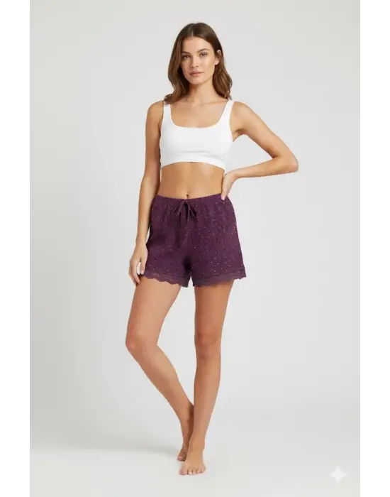 Düz Renk Mini Çiçek Desenli Penye Kadın Ev Şortu Bacak Dantel Detaylı Ev Giyim Gül Kurusu