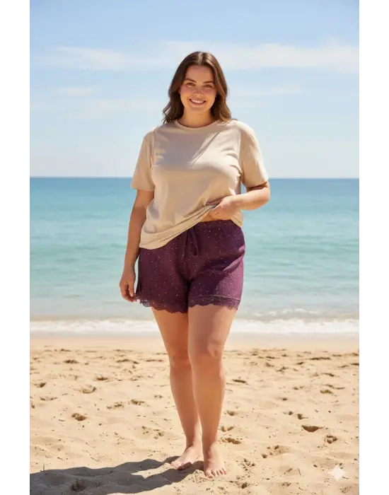 Düz Renk Mini Çiçek Desenli Penye Kadın Ev Şortu Bacak Dantel Detaylı Ev Giyim Gül Kurusu