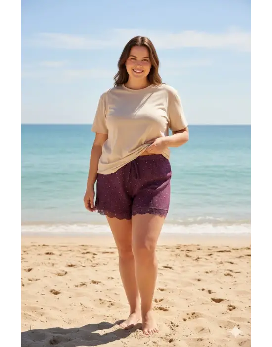 Düz Renk Mini Çiçek Desenli Penye Kadın Ev Şortu Bacak Dantel Detaylı Ev Giyim Gül Kurusu