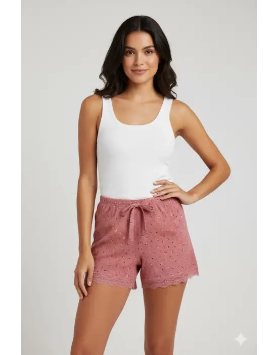 Düz Renk Mini Çiçek Desenli Penye Kadın Ev Şortu Bacak Dantel Detaylı Ev Giyim Pembe