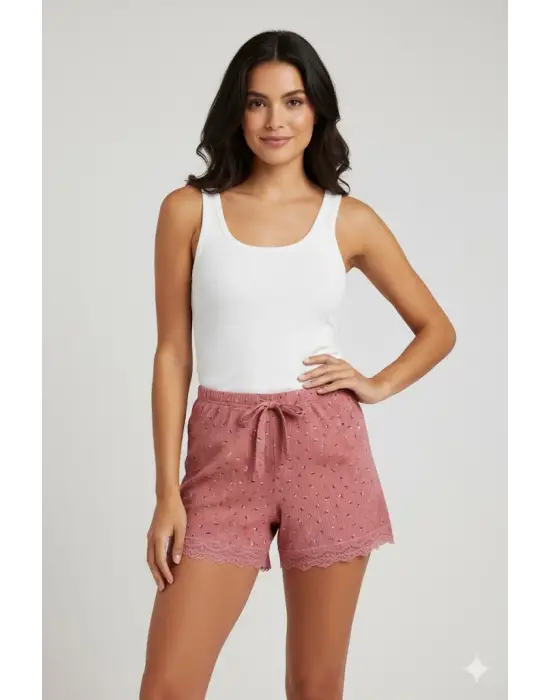 Düz Renk Mini Çiçek Desenli Penye Kadın Ev Şortu Bacak Dantel Detaylı Ev Giyim Pembe
