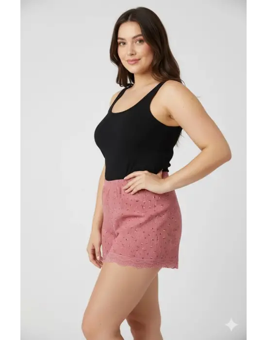 Düz Renk Mini Çiçek Desenli Penye Kadın Ev Şortu Bacak Dantel Detaylı Ev Giyim Pembe