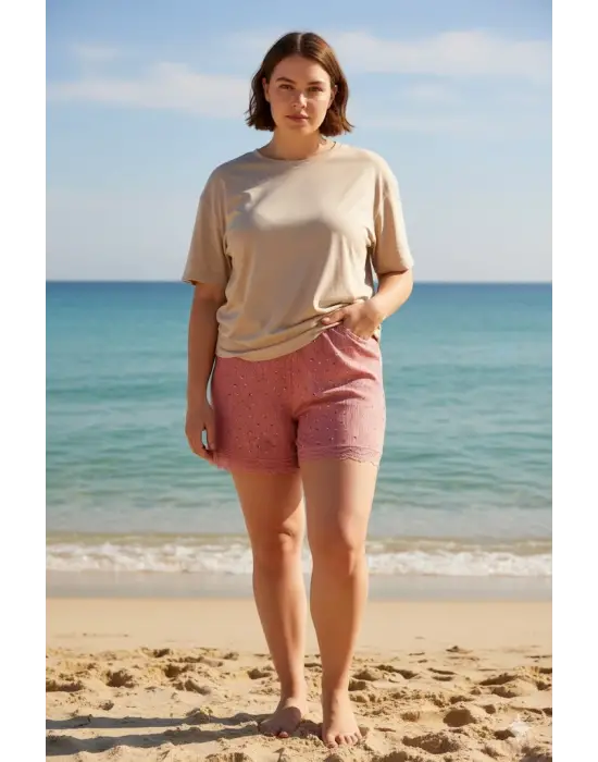 Düz Renk Mini Çiçek Desenli Penye Kadın Ev Şortu Bacak Dantel Detaylı Ev Giyim Pembe