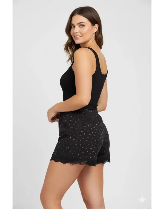 Düz Renk Mini Çiçek Desenli Penye Kadın Ev Şortu Bacak Dantel Detaylı Ev Giyim Siyah