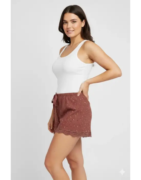 Düz Renk Mini Çiçek Desenli Penye Kadın Ev Şortu Bacak Dantel Detaylı Ev Giyim Taba