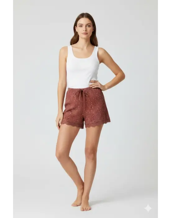 Düz Renk Mini Çiçek Desenli Penye Kadın Ev Şortu Bacak Dantel Detaylı Ev Giyim Taba