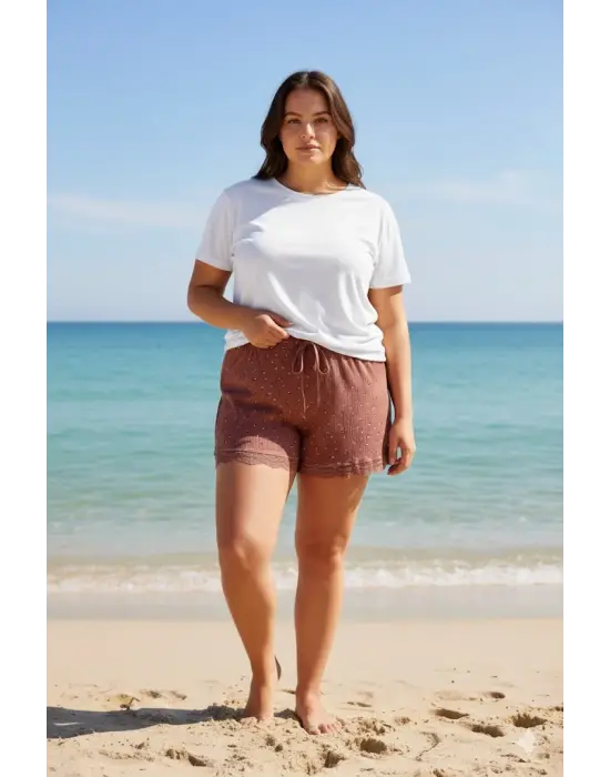 Düz Renk Mini Çiçek Desenli Penye Kadın Ev Şortu Bacak Dantel Detaylı Ev Giyim Taba