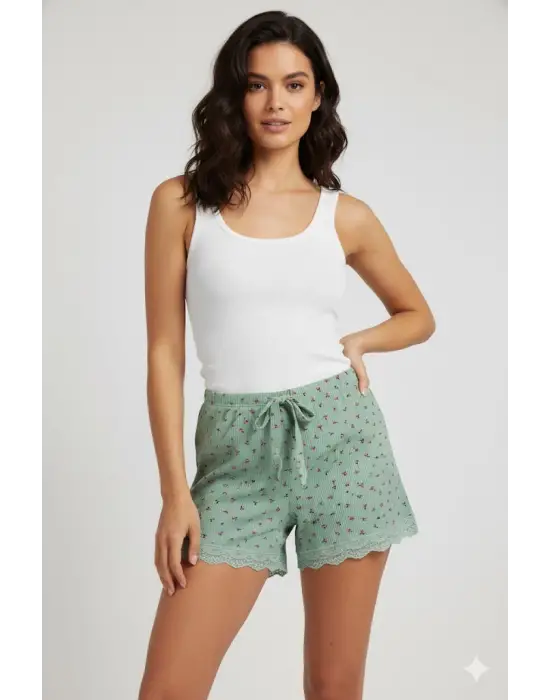 Düz Renk Mini Çiçek Desenli Penye Kadın Ev Şortu Bacak Dantel Detaylı Ev Giyim Yeşil