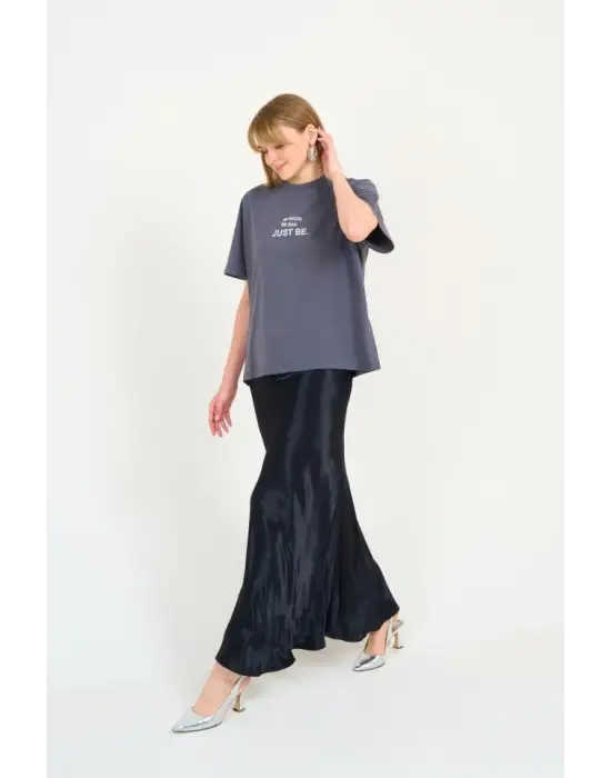 Düz Uzun Saten Etek - Siyah