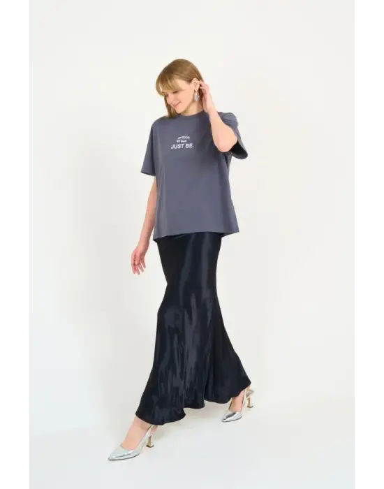 Düz Uzun Saten Etek - Siyah