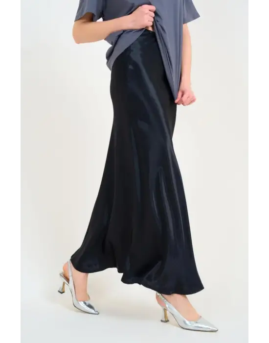 Düz Uzun Saten Etek - Siyah