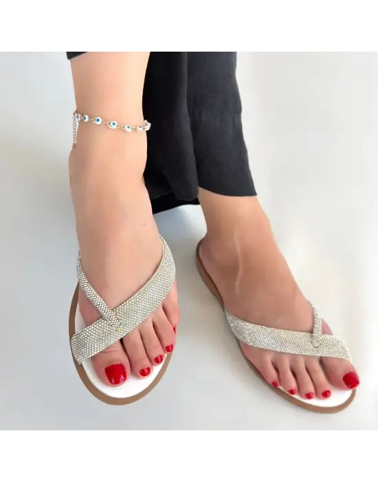 Eday Gümüş Boncuk İşlemeli Terlik