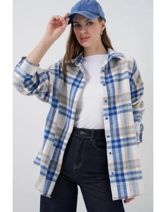 Ekose Desen Oversize Oduncu Gömlek 3854 A.Ekru